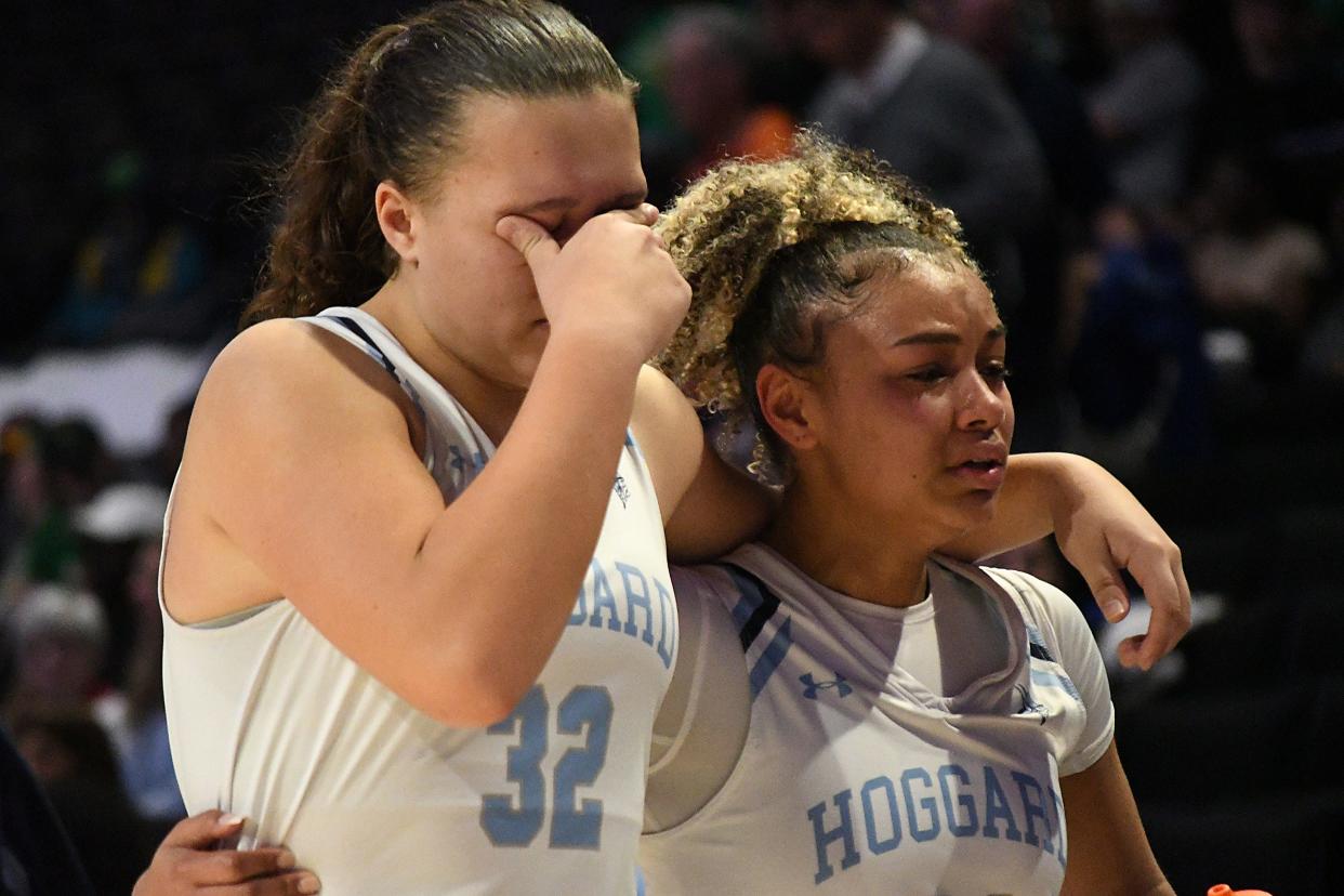Hoggard’s #32 Ak Chance and #14 Tristan Shivers come off the court after Hoggard lost 47-34 to Rolesville in the 2024 NCHSSAA Women’s Basketball Championship playoff game Thursday March 14, 2024 at the LJVM Coliseum in Winston-Salem, N.C. KEN BLEVINS/STARNEWS