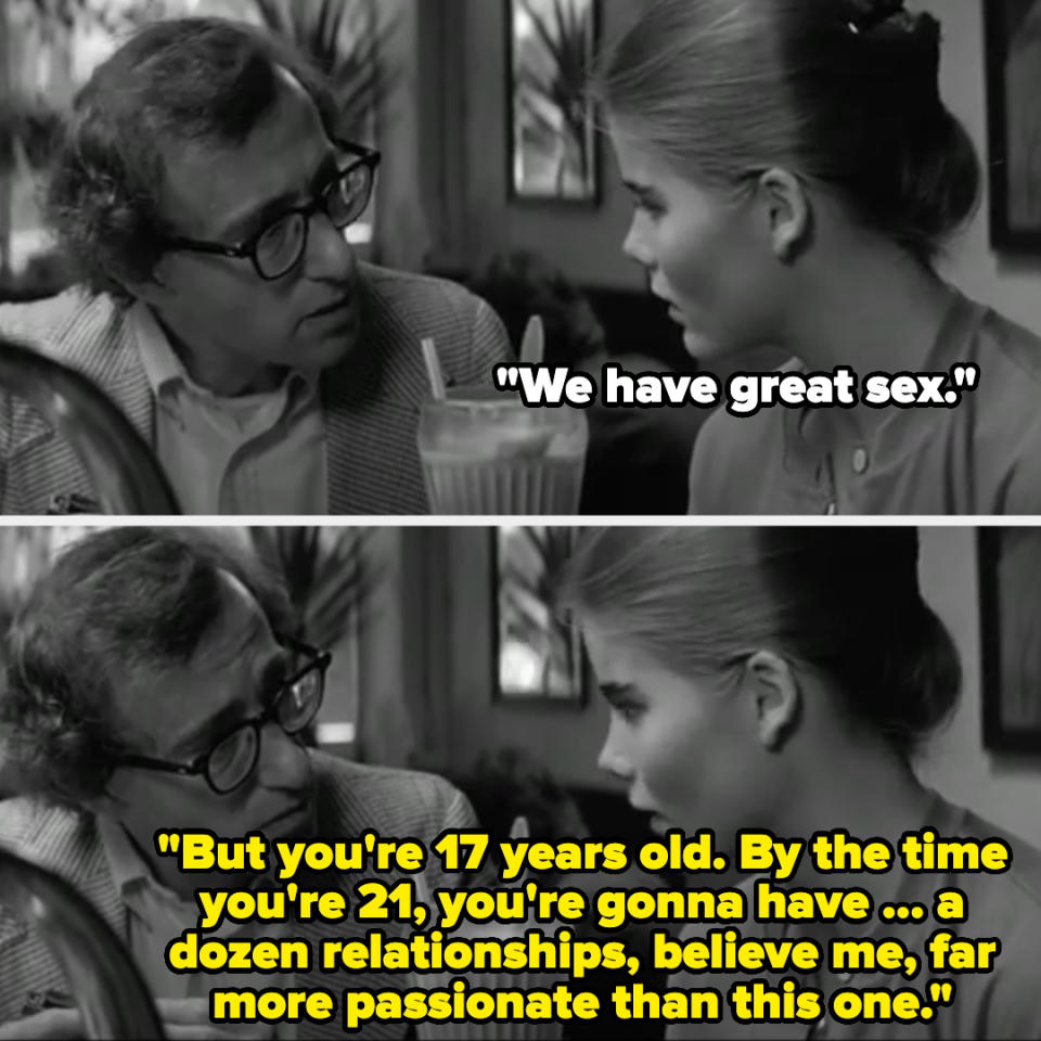 Two characters from Woody Allen's "Manhattan" are in conversation with subtitles reflecting dialogue on relationships