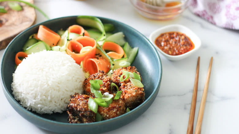 breaded salmon bites with rice