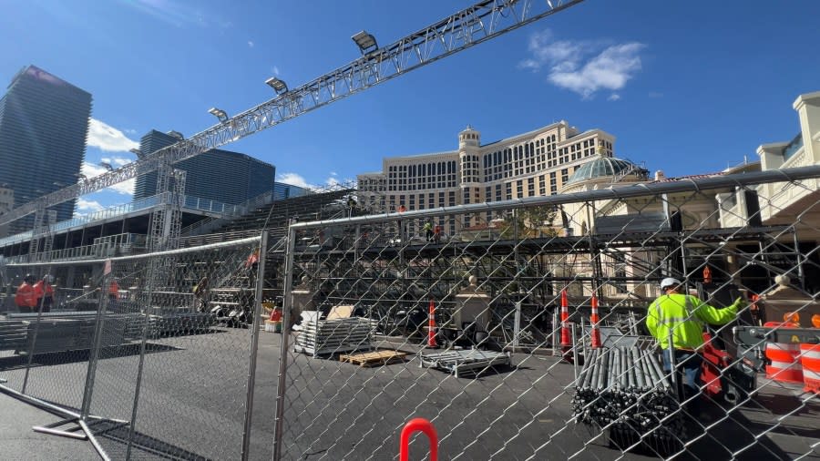 <em>Outside the Bellagio takedown construction continues to eliminate two lanes of southbound traffic on Las Vegas Boulevard. </em>(KLAS)