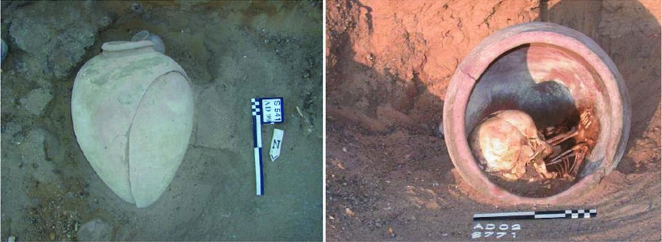 Pot burials in a cemetery in Adaïma, Egypt, held the remains of infants and children. <cite>Adaima excavation. Crubezy & Midant-Reynes, IFAO</cite>