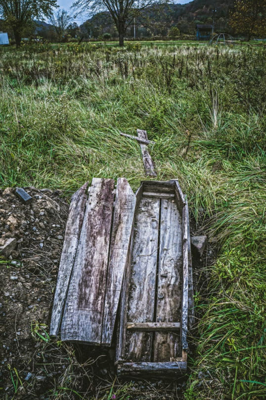 A coffin near the location of the burial grounds