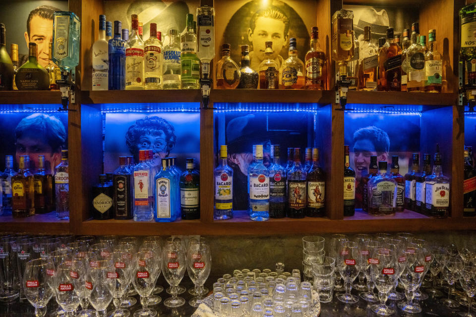 Bottles of liquor are displayed at "The Irish Pub," which will be one of the bars showing World Cup 2022 matches on live screens, in Doha, Qatar, Thursday, Oct. 20, 2022. (AP Photo/Nariman El-Mofty)