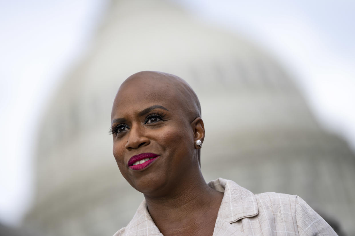 Rep. Ayanna Pressley (D-MA) speaks during a news conference on Capitol Hill September 21, 2021 in Washington, DC.  (Photo by Drew Angerer/Getty Images)