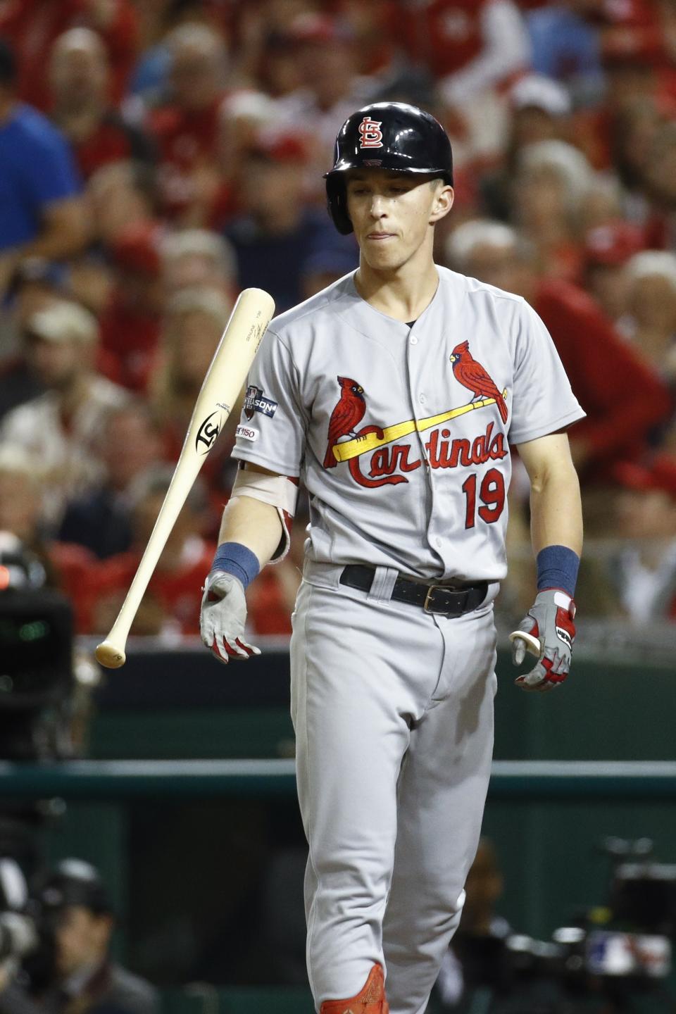 St. Louis Cardinals' Tommy Edman reacts after striking out during the fifth inning of Game 3 of the baseball National League Championship Series against the Washington Nationals Monday, Oct. 14, 2019, in Washington. (AP Photo/Patrick Semansky)