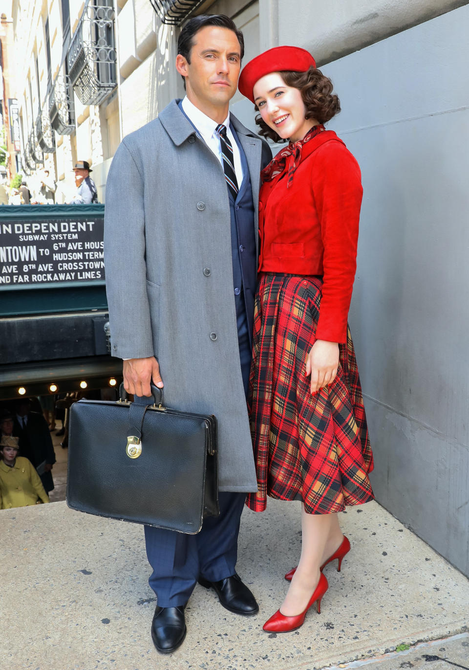 <p>Guess who's back! Guest star Milo Ventimiglia joins Rachel Brosnahan on the N.Y.C. set of <em>The Marvelous Mrs. Maisel</em> on June 30.</p>