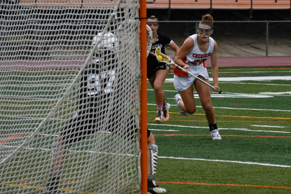 Cherokee junor Delaney Jackson eyes up Southern sophomore goalie Morgan Muirhead