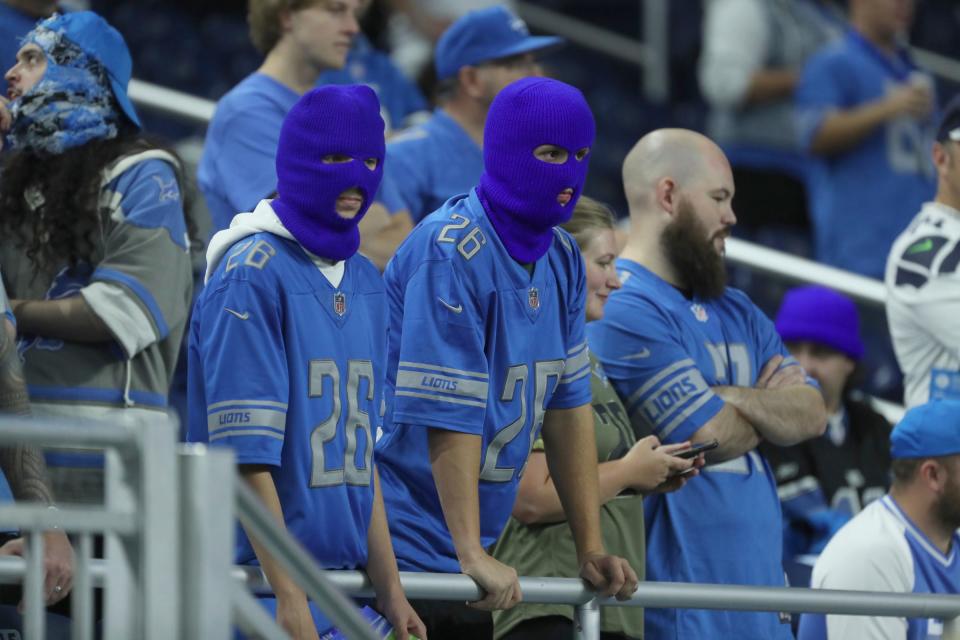 Detroit Lions fans wore blue ski masks for the game against the Seattle Seahawks at Ford Field, Sunday, Sept. 17, 2023.