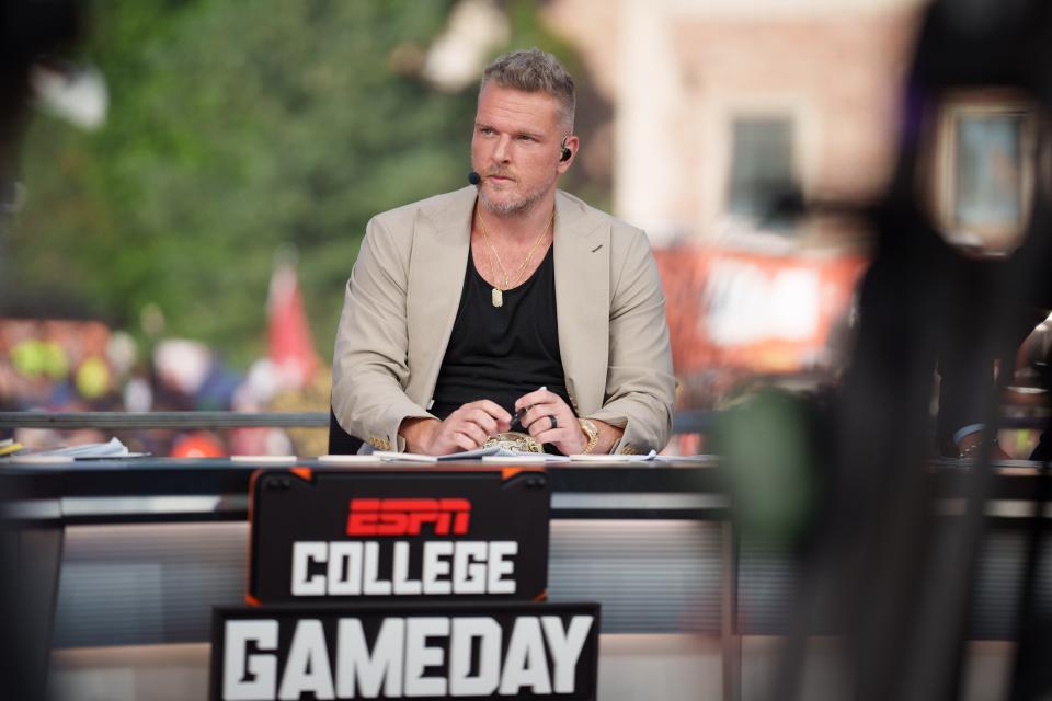 Sep 16, 2023; Boulder, Colorado, USA; Pat McAfee on the set of ESPN College GameDay prior to the game between the Colorado Buffaloes and the Colorado State Rams at Folsom Field. Mandatory Credit: Andrew Wevers-USA TODAY Sports