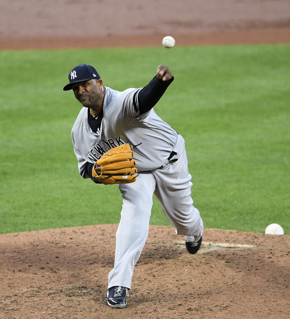 New York Yankees starting pitcher CC Sabathia delivers a pitch during the second inning of the team's baseball game against the Baltimore Orioles, Wednesday, May 22, 2019, in Baltimore. (AP Photo/Nick Wass)