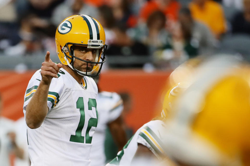 Aaron Rodgers #12 of the Green Bay Packers warms up before the game against the Chicago Bears at Soldier Field on September 05, 2019 in Chicago, Illinois. (Photo by Jonathan Daniel/Getty Images)