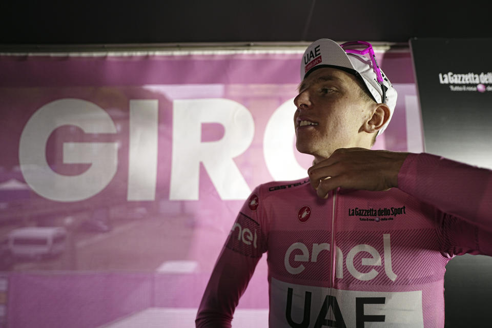 Tadej Pogačar wears the pink jersey of leader of the race after winning stage 2 of the Giro d'Italia from San Francesco al Campo to Santuario di Oropa, Italy, Sunday, May 5, 2024. (Massimo Paolone/LaPresse via AP)