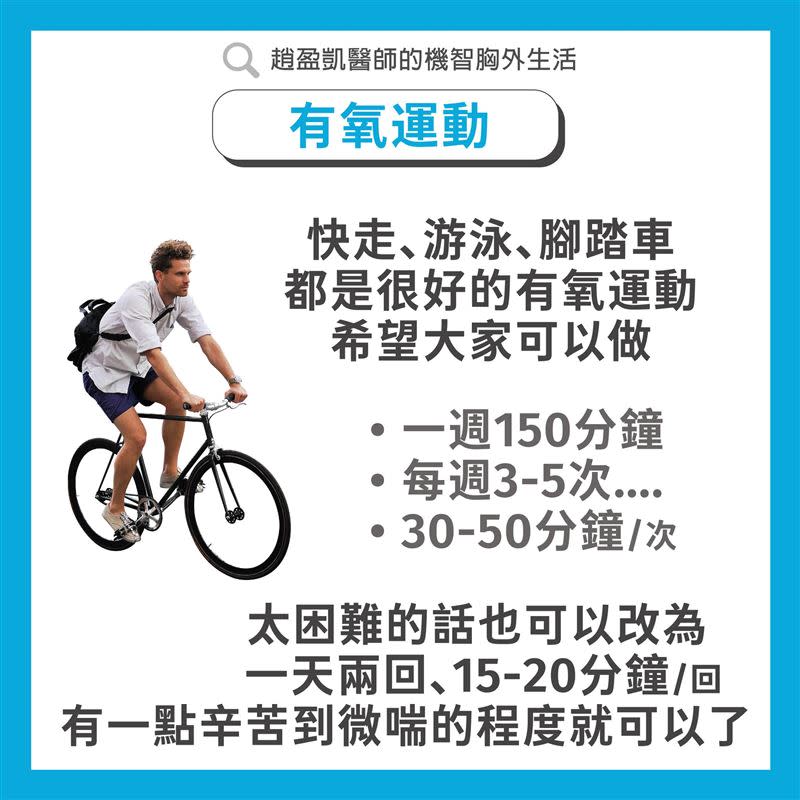 外科醫師表示，肺癌患者術前可做「有氧」與「肌力」訓練來維持體能。（圖／翻攝自趙盈凱醫師的機智胸外生活-教你肺癌大小事粉絲頁）