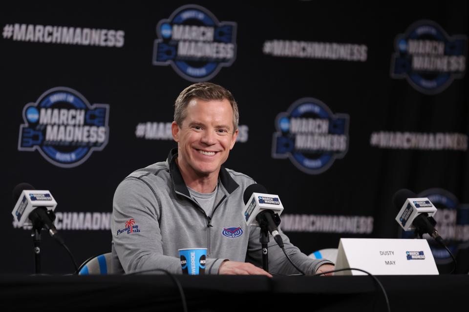 Mar 22, 2023; New York, NY, USA; Florida Atlantic Owls head coach Dusty May speaks to the media during a press conference a day before facing the Tennessee Volunteers at Madison Square Garden. Mandatory Credit: Brad Penner-USA TODAY Sports