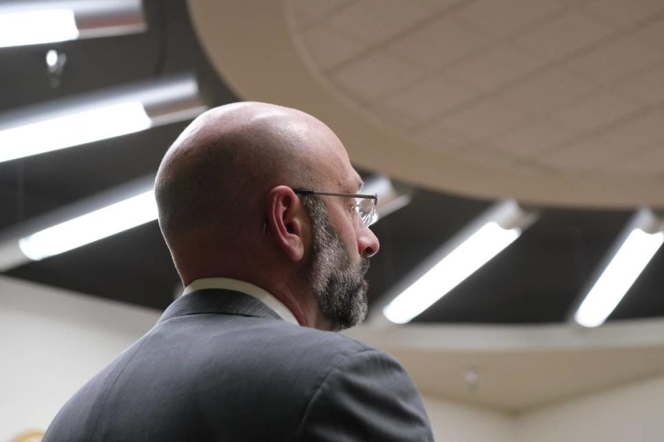 San Luis Obispo County Deputy District Attorney Ben Blumenthal speaks to the judge during Norman Hibble’s arraignment in San Luis Obispo Superior Court on Feb. 23, 2024. Hibble is accused of embezzling at least $250,000 from San Luis Obispo County while working in the technology department. Chloe Jones/cjones@thetribunenews.com