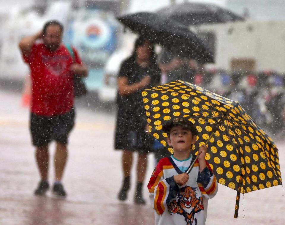 Panthers fans covered from the rain with an umbrella as they walk by from the rain with umbrellas as they walk by A1A before the Stanley Cup victory parade at Fort Lauderdale Beach on Tuesday, June 30, 2024 in Fort Lauderdale. 