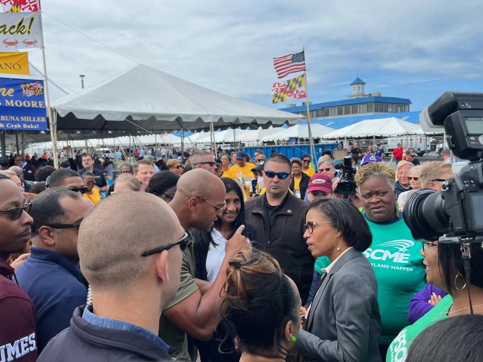 Maryland Gov. Wes Moore talks with Prince George's County Executive Angela Alsobrooks at the 46th annual J. Millard Tawes Crab & Clam Bake on Wednesday, Sept. 27, at Somers Cove Marina in Crisfield.
(Credit: Dwight A. Weingarten)