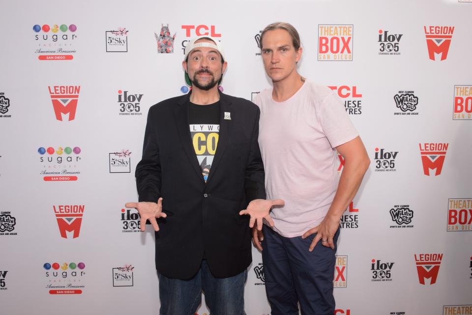 Kevin Smith (left) and Jason Mewes are honored with a TCL Chinese Theatre handprint ceremony at Theatre Box on July 19, 2019, in San Diego.