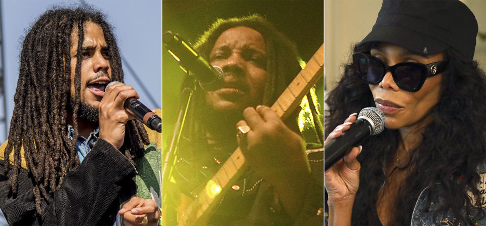 FILE - Skip Marley performs at Coachella Music & Arts Festival in Indio, Calif. on April 13, 2018, from left, Stephen Marley performs during the "Catch A Fire Tour 2015" stop in Huntington, N.Y. on Sept. 1, 2015 and Cedella Marley speaks at the Marley Brunch with Marley Family Members in West Hollywood, Calif. on Jan. 24, 2020. The family of reggae legend Bob Marley are covering his song “One Love” to raise money for coronavirus relief efforts. (AP Photo)