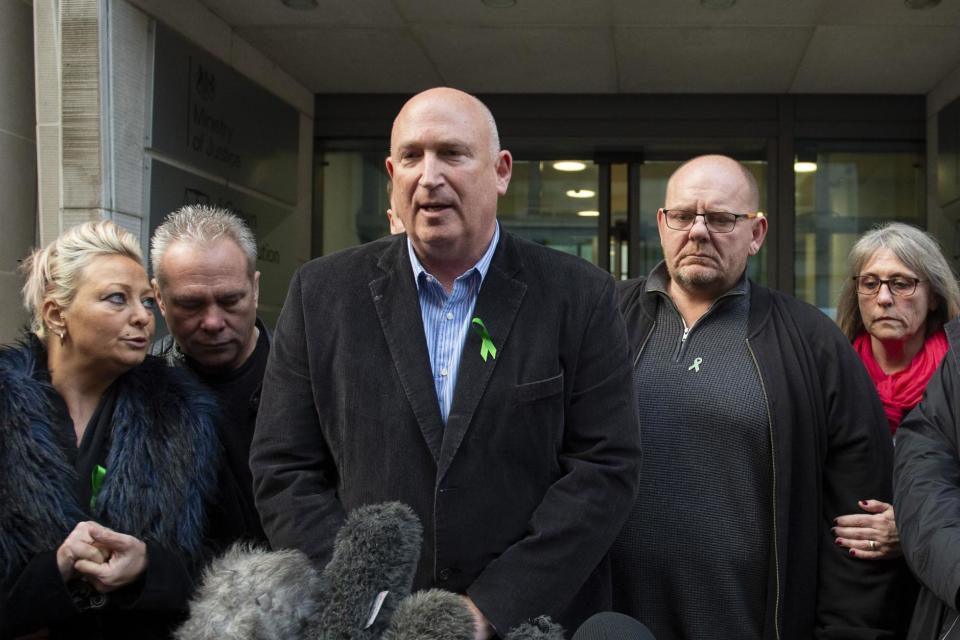 The family of Harry Dunn (left to right) mother Charlotte Charles, stepfather Bruce Charles, family spokesman Radd Seiger, father Tim Dunn, stepmother Tracey Dunn (PA)