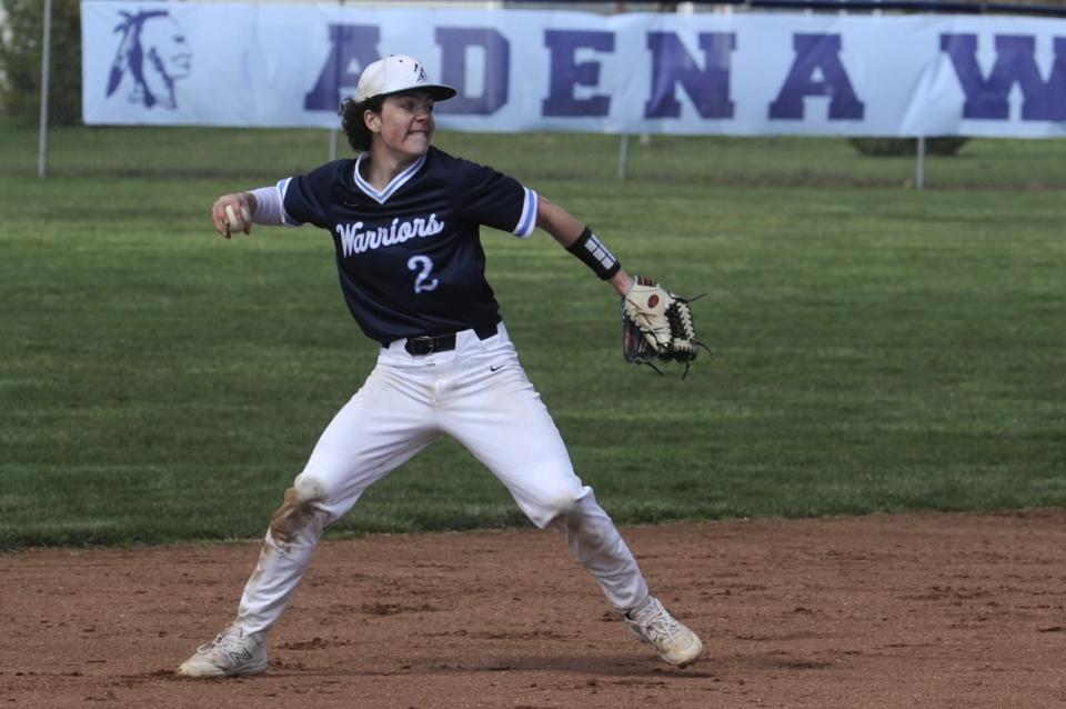 Adena shortstop Marcus Jackson (#2) throws to first base during the Warriors' 10-4 win over the McClain Tigers on March 23, 2024, in Frankfort, Ohio.