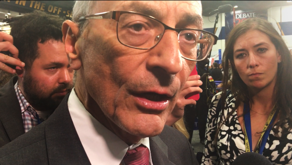 John Podesta is interviewed by Yahoo News in the spin room at the presidential debate at Hofstra University. (Screenshot: Yahoo News)