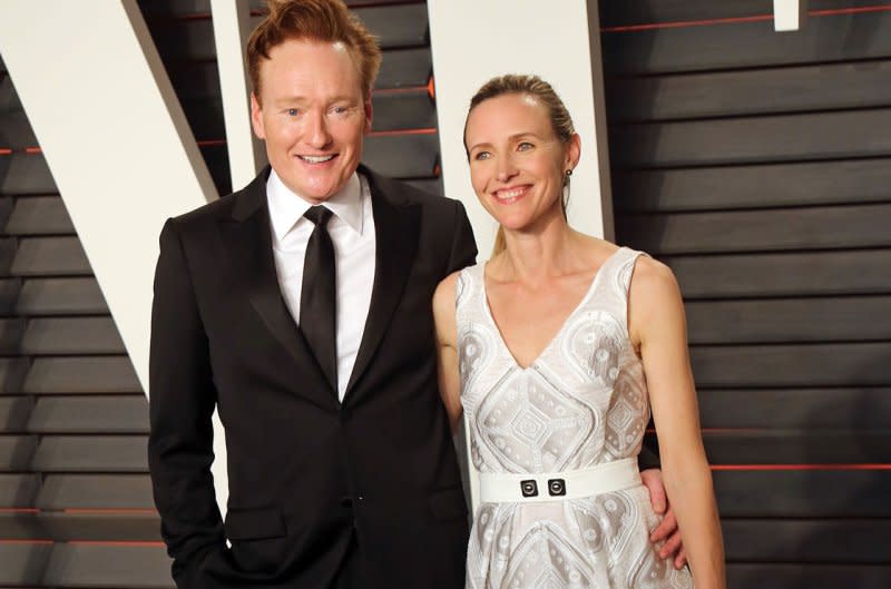Conan O'Brien and wife, Liza Powel, attend the Vanity Fair Oscar Party at the Wallis Annenberg Center for the Performing Arts in Beverly Hills, Calif., in 2016. File Photo by David Silpa/UPI