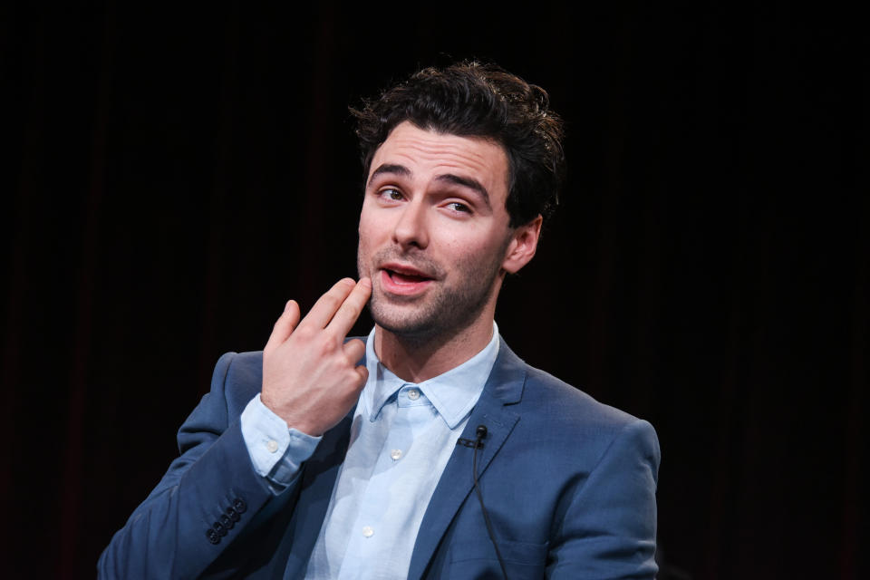 Aidan Turner speaks on stage during the Masterpiece "Poldark" panel at the PBS 2015 Winter TCA on Monday, Jan. 19, 2015, in Pasadena, Calif. (Photo by Richard Shotwell/Invision/AP)