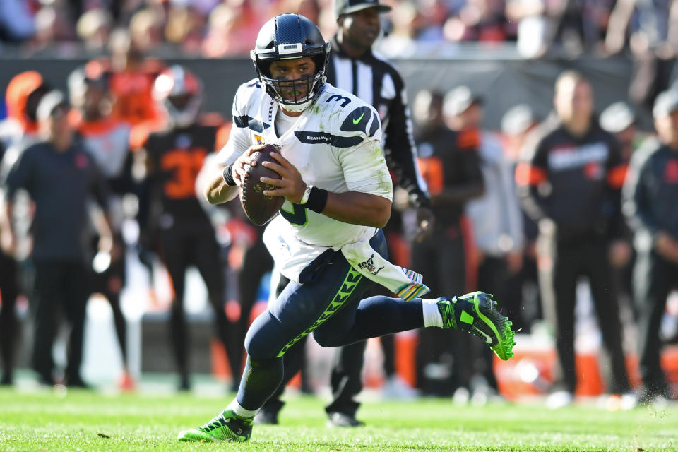 CLEVELAND, OH - OCTOBER 13, 2019: Quarterback Russell Wilson #3 of the Seattle Seahawks looks for an open receiver in the fourth quarter of a game against the Cleveland Browns on October 13, 2019 at FirstEnergy Stadium in Cleveland, Ohio. Seattle won 32-28. (Photo by: 2019 Nick Cammett/Diamond Images via Getty Images)