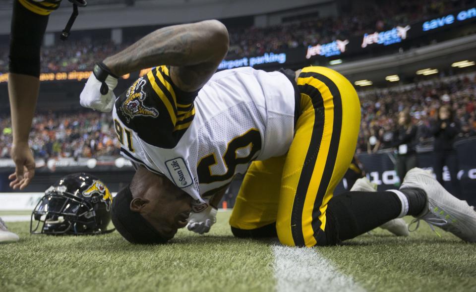 Hamilton Tiger-Cats wide receiver Brandon Banks reacts after his touchdown was called back against the Calgary Stampeders during the 102nd Grey Cup in Vancouver, British Columbia,. Sunday, Nov. 30, 2014.  (AP Photo/The Canadian Press, Darryl Dyck)