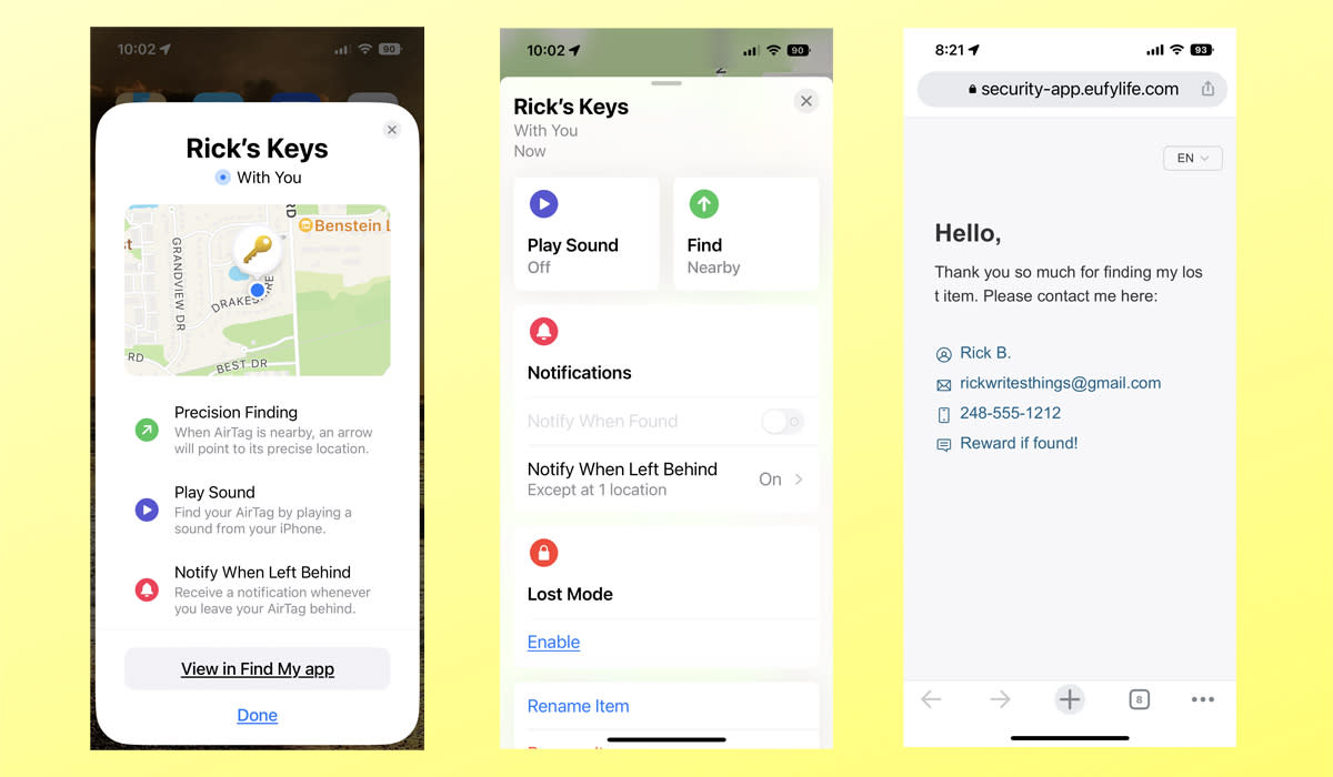 Left: The options available to you in Apple's Find My network. Center: What those options look like in practice. Right: An example of what someone would see upon scanning the Eufy tracker's QR code. (Screenshots: Rick Broida/Yahoo)