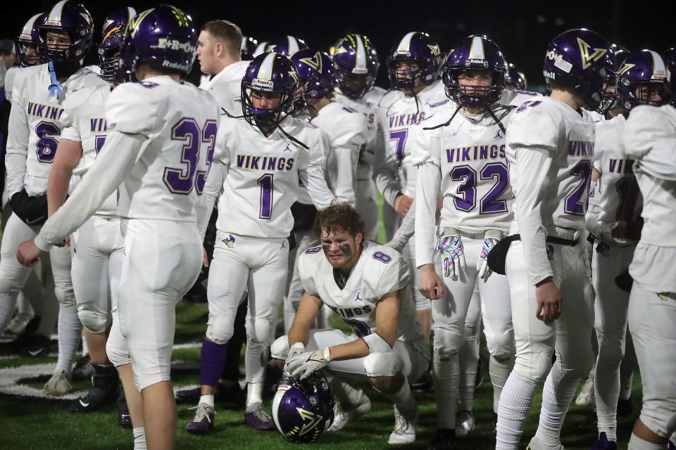 North Kitsap's Logan Sloman (8) reacts to their loss to Lynden 31-24 on Saturday, Dec. 3, 2022 in Puyallup.