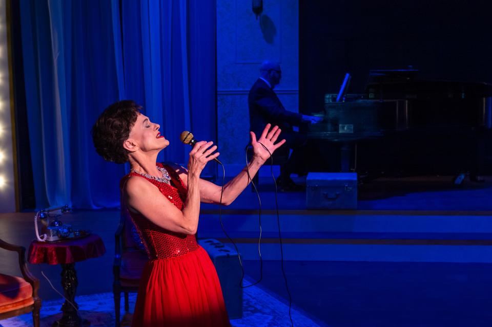 Jo Smith as Judy Garland with Jacob Miller as Anthony perform in the Amarillo Little Theatre production of "End of the Rainbow."