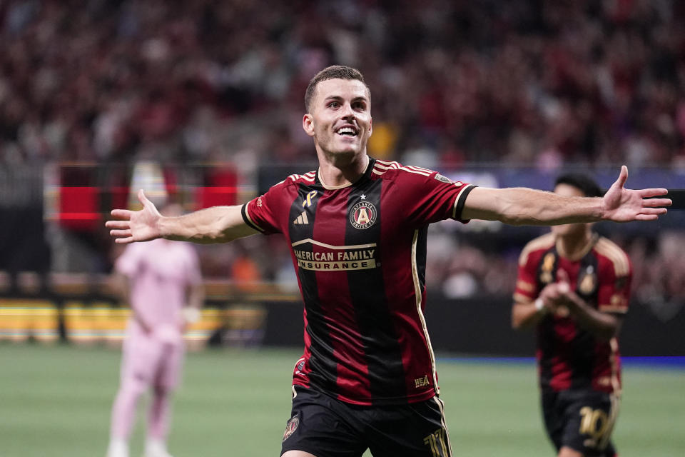 Atlanta United's Brooks Lennon (11) celebrates after scoring during the first half of an MLS soccer match against Inter Miami, Saturday, Sept. 16, 2023, in Atlanta. (AP Photo/Brynn Anderson)