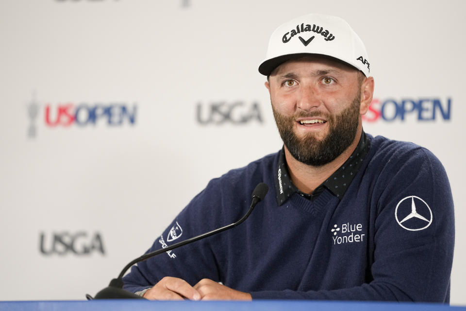 Jon Rahm, of Spain, speaks during a news conference before the U.S. Open Championship golf tournament at The Los Angeles Country Club on Tuesday, June 13, 2023, in Los Angeles. (AP Photo/Chris Carlson)