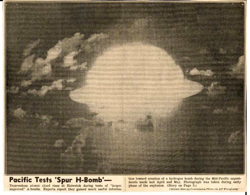 A news clipping of a nuclear explosion during Project Greenhouse, a series of 1951 tests in the Marshall Islands. John Siko, 90, of south Fort Myers saved the clip. He witnessed all four explosions as a Navy seaman aboard the USS Walker.