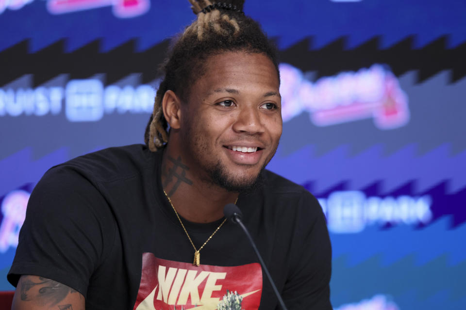 Atlanta Braves right fielder Ronald Acuña speaks to members of the media before a baseball game against the Washington Nationals at Truist Park, Thursday, May 30, 2024, in Atlanta. Acuña suffered a torn ACL in his left knee during Sunday's game against the Pittsburgh Pirates in Pittsburgh. He will undergo season-ending surgery. (Jason Getz/Atlanta Journal-Constitution via AP)