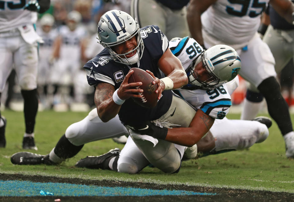 Dak Prescott and the Cowboys didn’t find the end zone too often, but did here on this 2-point conversion in the second half. (AP)