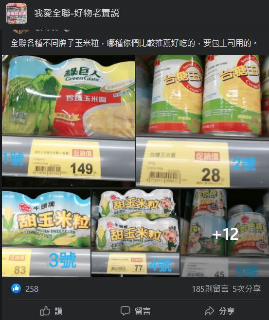 網友貼出多個玉米粒罐頭品牌，求社友分享食用經驗。（圖／翻攝自我愛全聯-好物老實説臉書）