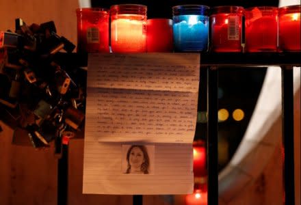 A letter to investigative journalist Daphne Caruana Galizia, assassinated in a car bomb attack on Monday, is seen on the Love monument during a silent candlelight vigil to protest against her murder, in St Julian's, Malta, October 16, 2017.  REUTERS/Darrin Zammit Lupi