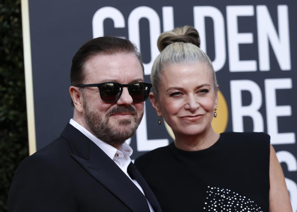 77th Golden Globe Awards - Arrivals - Beverly Hills, California, U.S., January 5, 2020 - Ricky Gervais and Jane Fallon. REUTERS/Mario Anzuoni