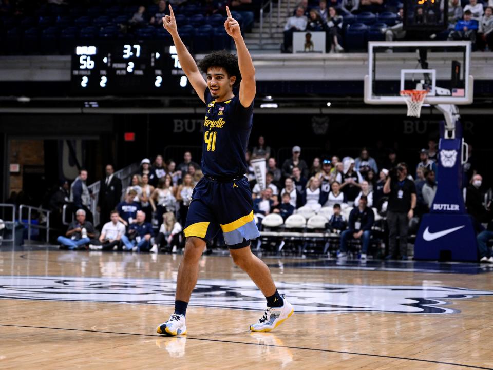 Marquette guard Jonah Lucas reacts at the end of the second half of an NCAA basketball game against Butler, Tuesday, Feb. 28, 2023, in Indianapolis. (AP Photo/Marc Lebryk)