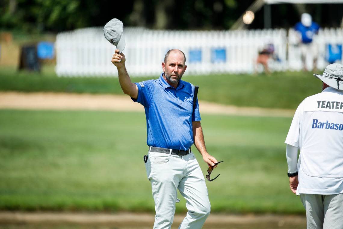 Josh Teater, of Danville, thanks the crowd after finishing his tournament run during the fourth round of the Barbasol Championship at Keene Trace Golf Club in Nicholasville, Ky., Sunday, July 10, 2022.