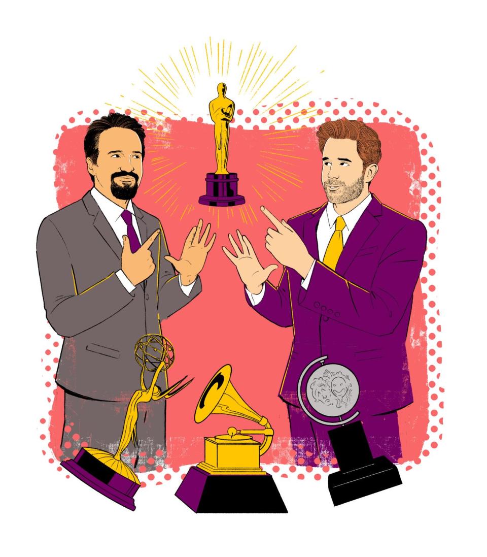 Illustration of Lin-Manuel Miranda and Ben Platt surrounded by entertainment awards