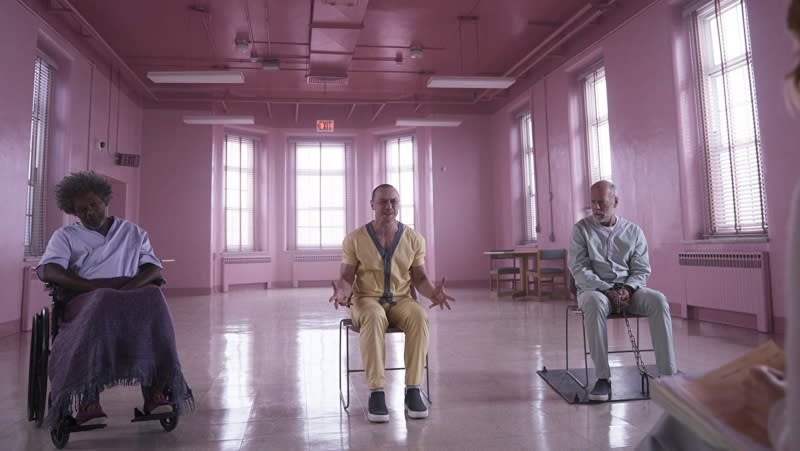 Samuel L Jackson, James McAvoy and Bruce Willis in Glass