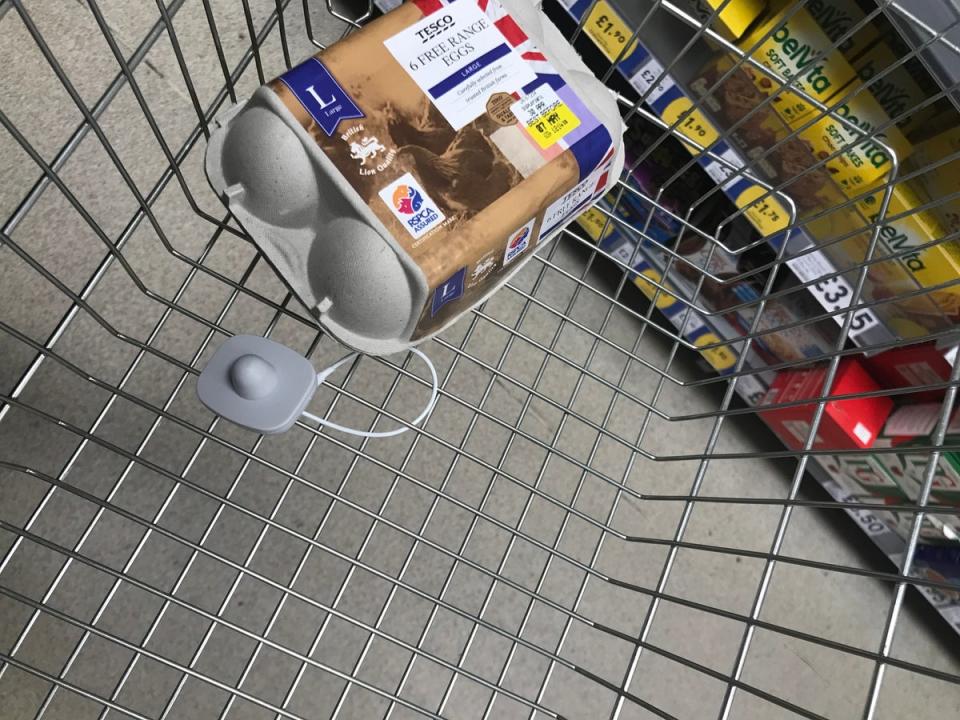 Security tags attached to the bottom of a shopping baskets in Theydon Bois. (SWNS)