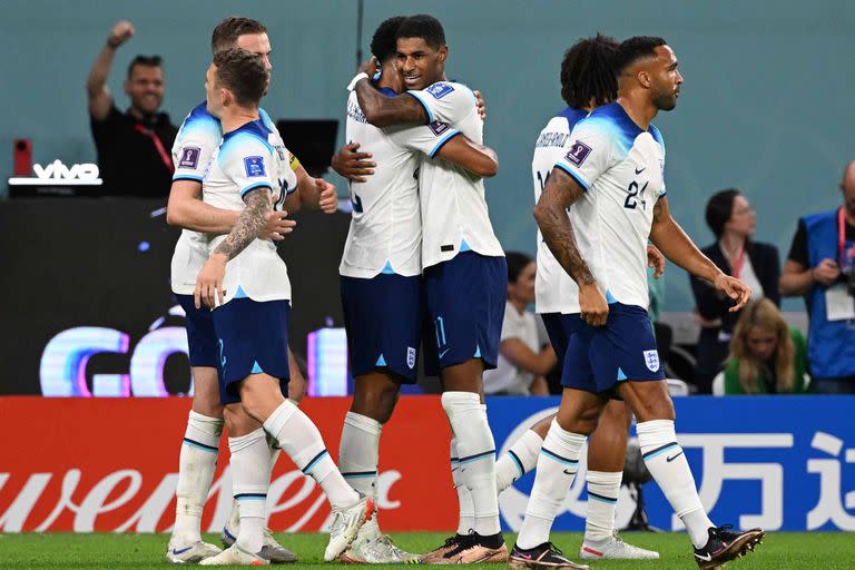 England�s Marcus RASHFORD  reacts after scoring his second and team's third goal during the FIFA World Cup Group B match at Ahmed bin Ali Stadium in Al Rayyan, Qatar on Nov. 29, 2022. ( The Yomiuri Shimbun ) (Photo by Ken Satomi / Yomiuri / The Yomiuri Shimbun via AFP)