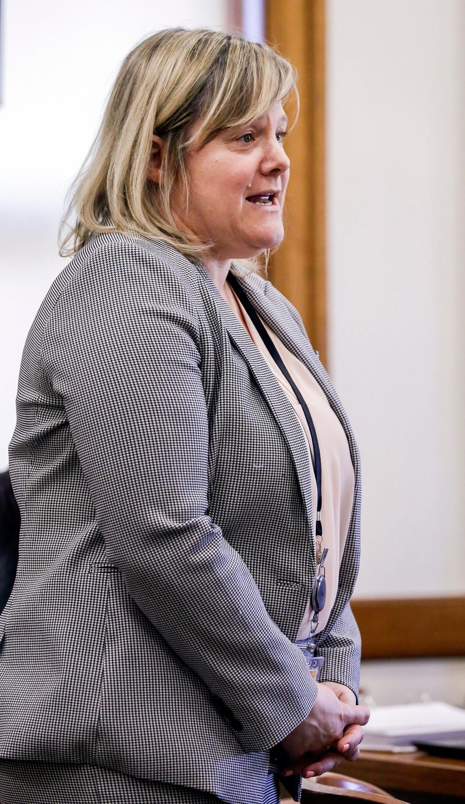 Assistant Johnson County attorney Rachel Zimmermann-Smith makes the state's opening statement in the trial of David Weltman on Wednesday, March 4, 2020 at the Johnson County Courthouse in Iowa City, Iowa. Weltman is accused of sexually abusing a then 9-year-old boy during a Hebrew lesson at Iowa Hillel, where Weltman was the director of the student Jewish organization.