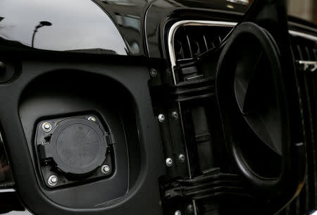 A charging port on an electric cab belonging to the London Electric Vehicle Company (LEVC) is seen in London, Britain, November 29, 2017. REUTERS/Darrin Zammit Lupi/Files