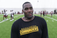 Washington Commanders guard Chris Paul speaks with reporters after a rookie minicamp practice at the team's NFL football training facility, Friday, May 6, 2022 in Ashburn, Va. (AP Photo/Alex Brandon)